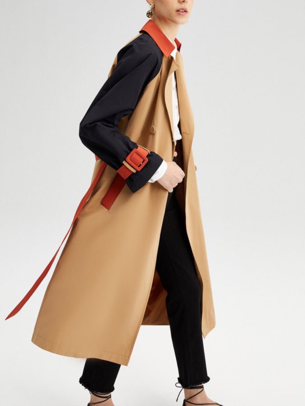 Touchè Colorblock Trench Coat in Camel, Black & Rust Women’s Size 42/US 10 - Picture 4 of 15